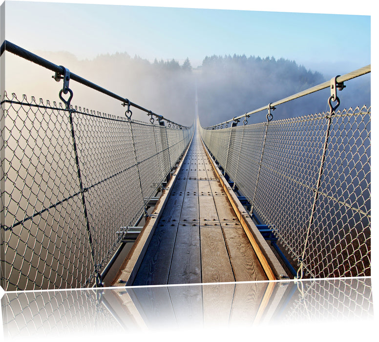 Pixxprint Hängeseilbrücke im Nebelschimmer, Leinwandbild