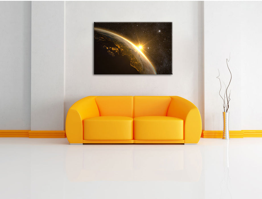 Die Sonne und Erde im Weltall Leinwandbild über Sofa
