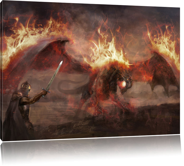 Pixxprint Ritter Drachen Feuer, Leinwandbild