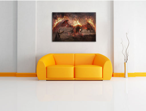 Ritter Drachen Feuer Leinwandbild über Sofa