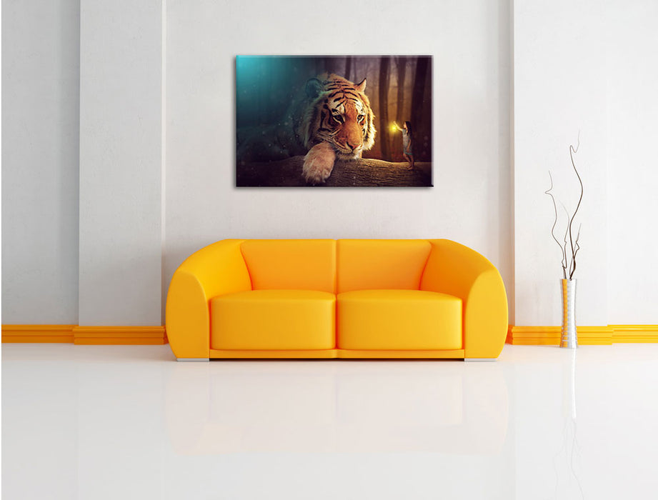 Eine Frau und ein Riesen-Tiger Leinwandbild über Sofa