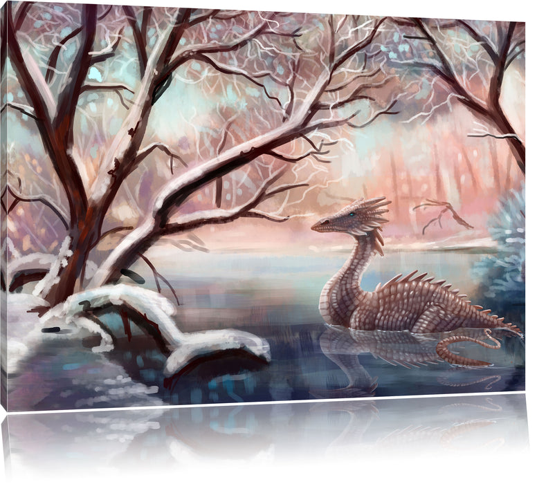 Pixxprint Drache im schneebedeckten Wald, Leinwandbild
