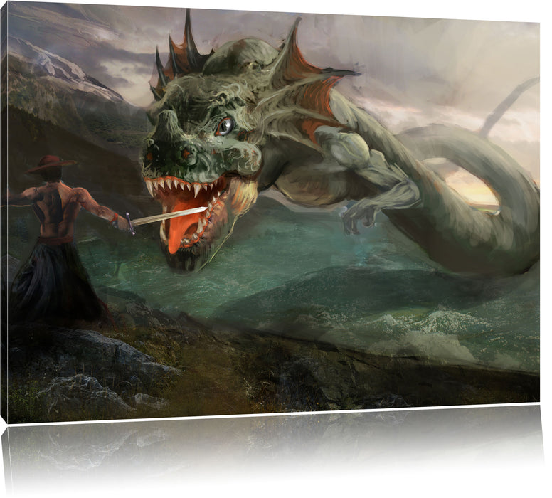 Pixxprint Drache kämpft gegen Krieger, Leinwandbild