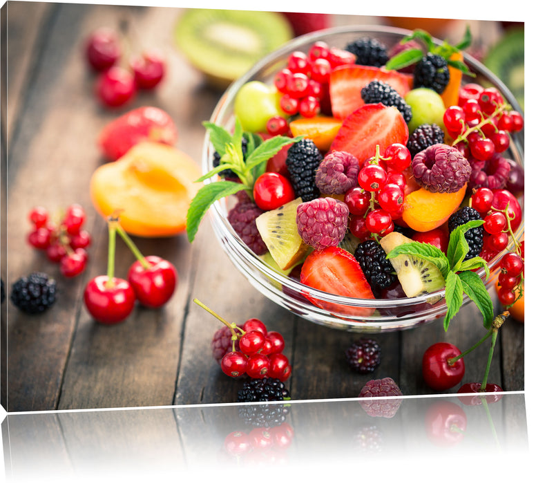 Pixxprint Obstsalat in der Schüssel, Leinwandbild