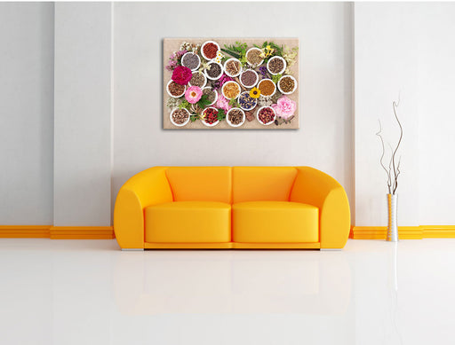 Heilende Kräuter und Blumen Leinwandbild über Sofa