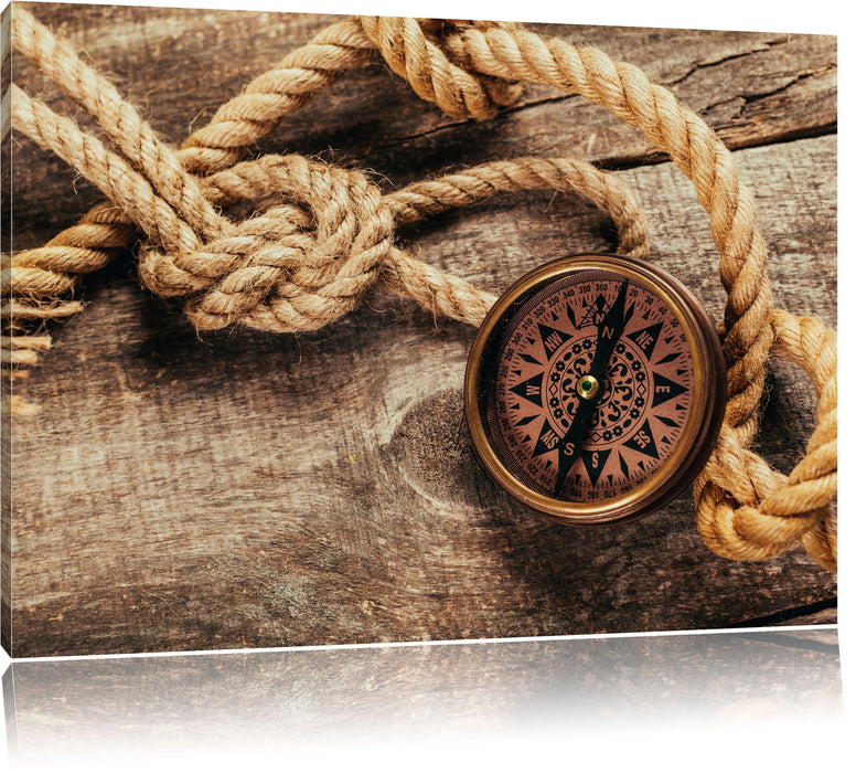 Pixxprint Schiffseil und Kompass, Leinwandbild