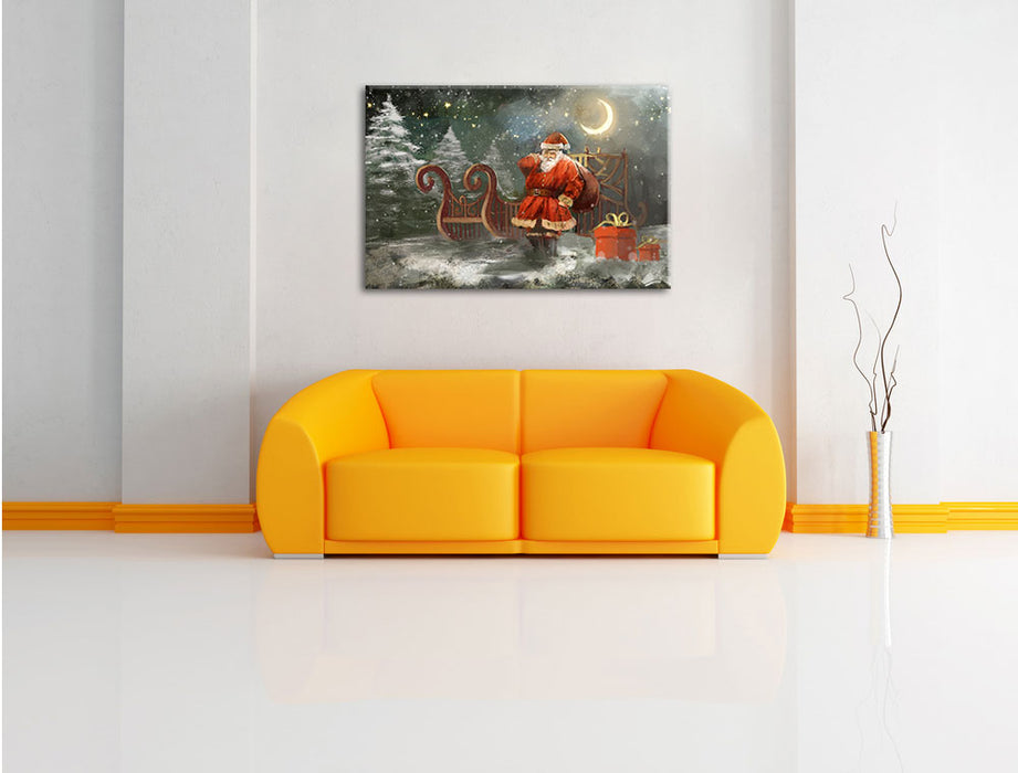 Weihnachtsmann mit Geschenken Leinwandbild über Sofa