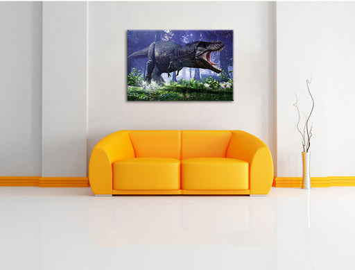 T-Rex Dinosaurier im Wald Leinwandbild über Sofa