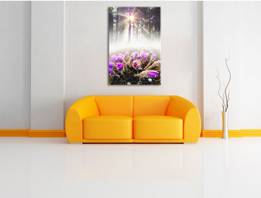 lila Blumen im Wald Leinwandbild über Sofa
