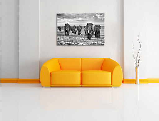 Elefanten Familie in der Savanne Leinwandbild über Sofa
