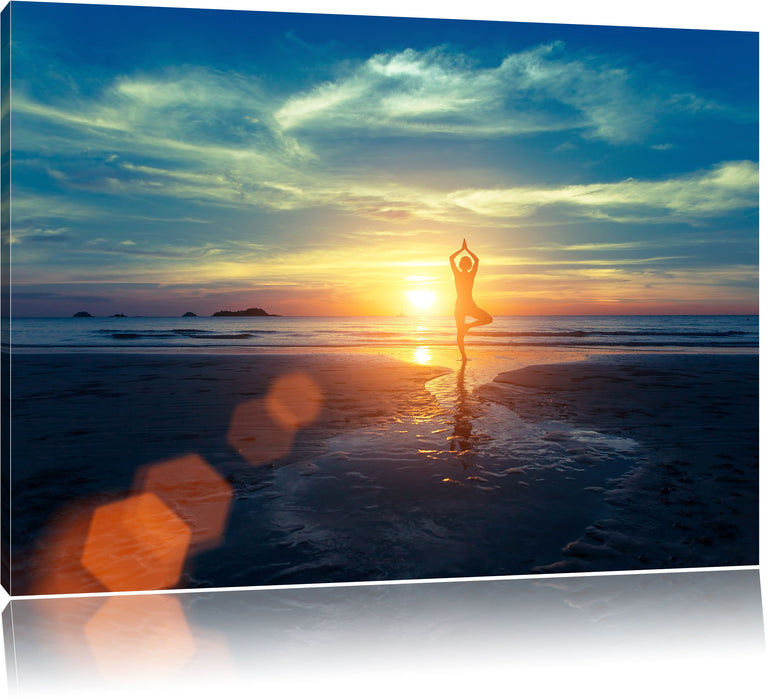 Pixxprint Yoga Silhouette am Strand, Leinwandbild