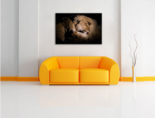 Männer & Frauen Löwe kuscheln Leinwandbild über Sofa