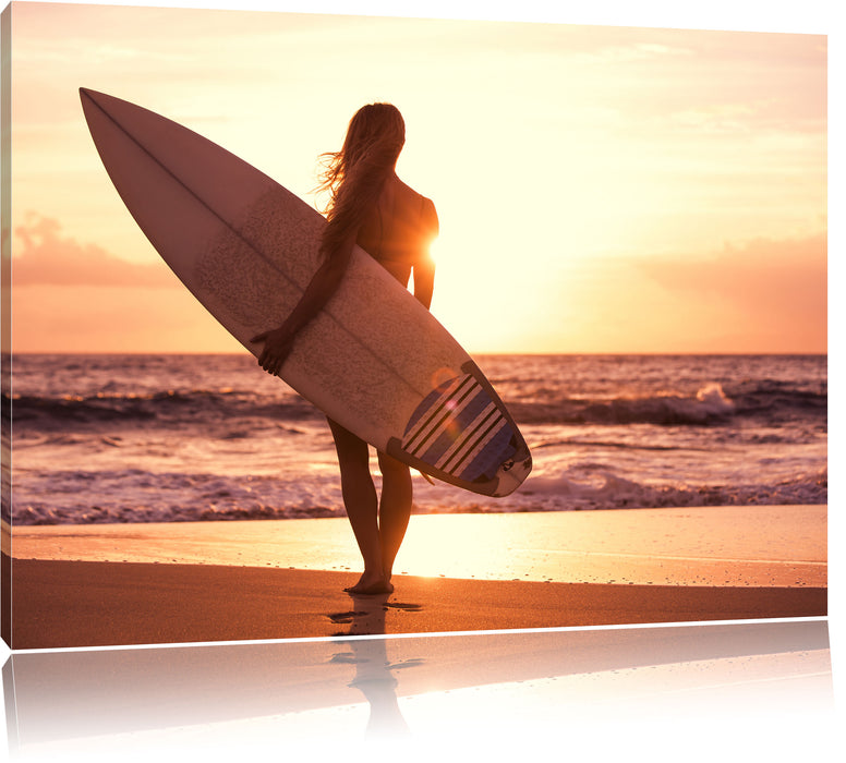 Pixxprint Surferin vor Sonnenuntergang, Leinwandbild