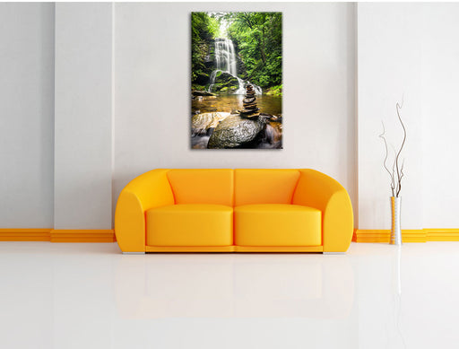 Zen Steine vor Wasserfall Leinwandbild über Sofa