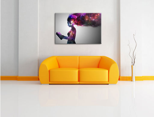 abstrakte Frau mit Buch Leinwandbild über Sofa