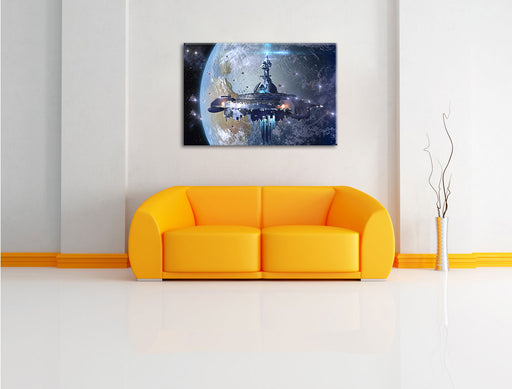 Raumschiff vor der Erde Leinwandbild über Sofa
