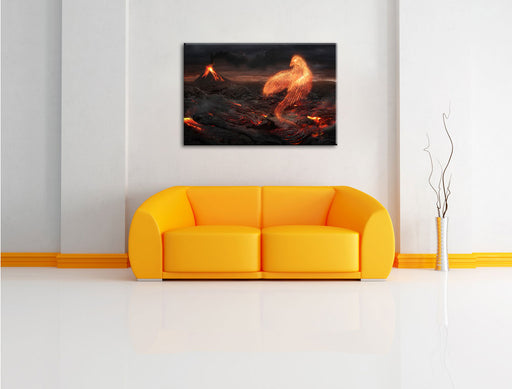 Brennender Phönix Vulkanlandschaft Leinwandbild über Sofa