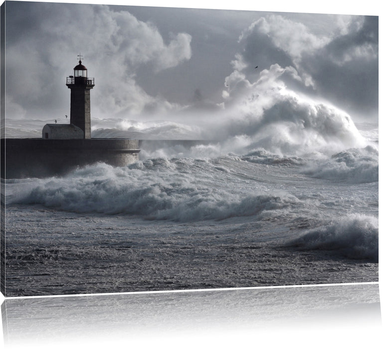 Pixxprint Sturmwellen Leuchtturm Portugal, Leinwandbild