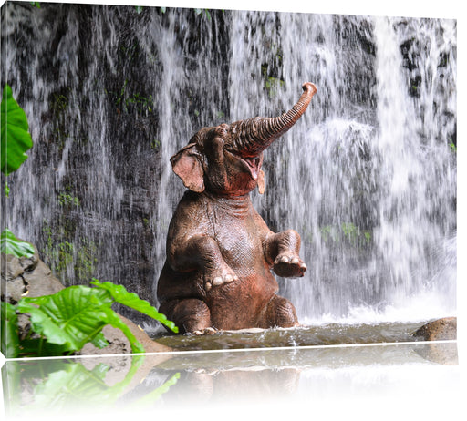 Babyelefant am Wasserfall Leinwandbild