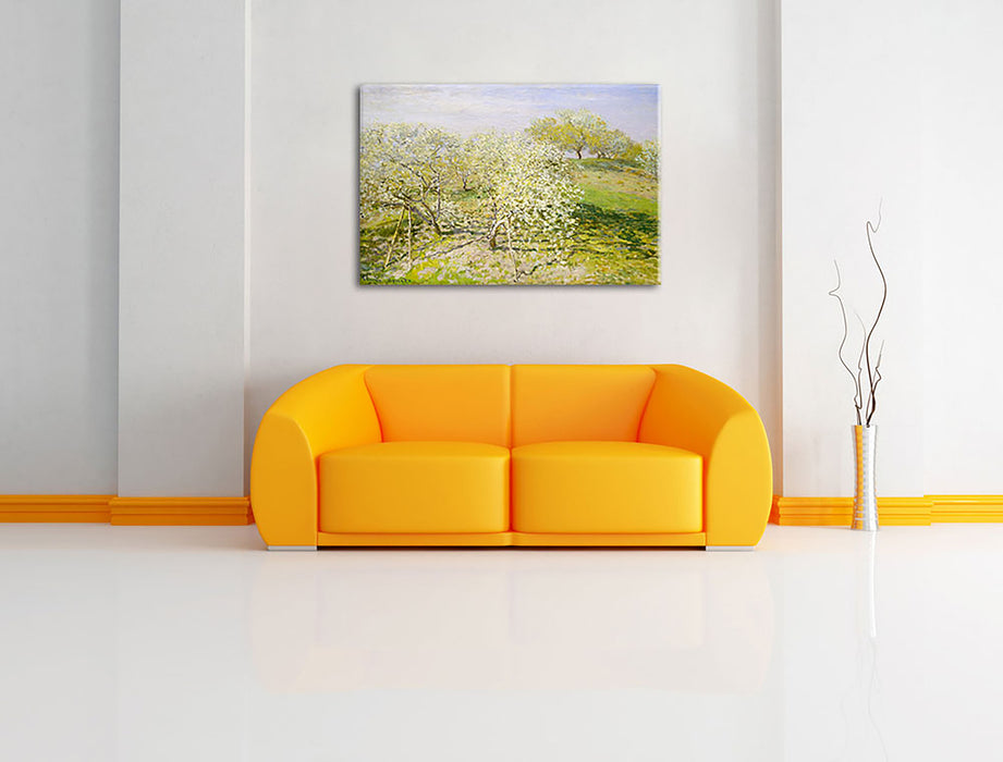 Claude Monet - Frühling Apfelbäume in der Blüte Leinwandbild im Wohnzimmer Rechteckig