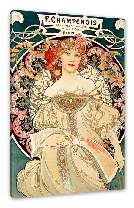 Pixxprint Alfons Mucha - Frau umringt von Blumen, Leinwandbild