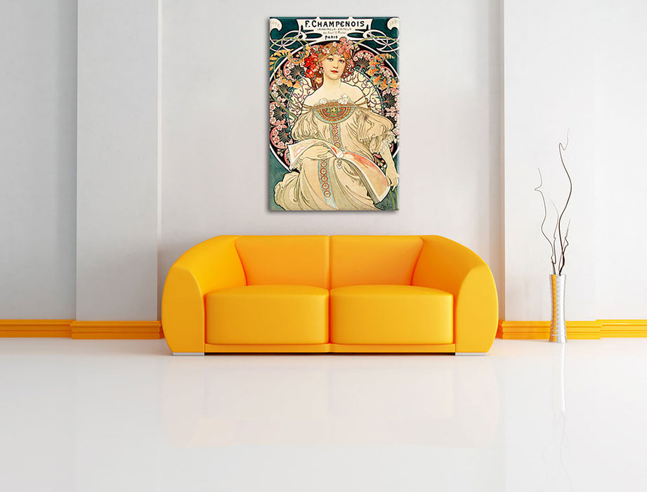 Alfons Mucha - Frau umringt von Blumen Leinwandbild im Wohnzimmer Rechteckig