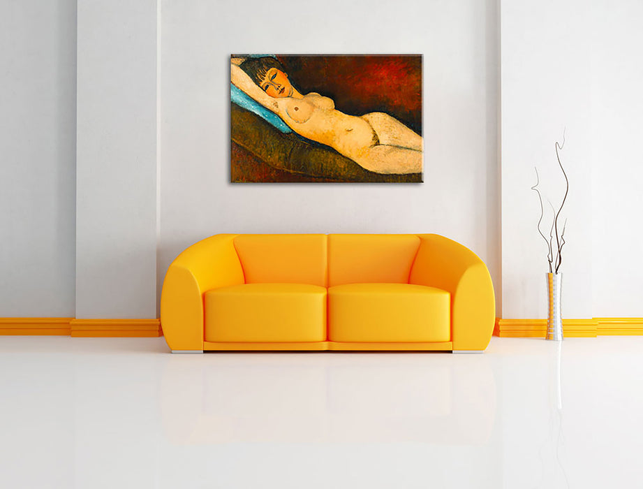 Amedeo Modigliani - Nu Couché au coussin bleu Leinwandbild im Wohnzimmer Rechteckig