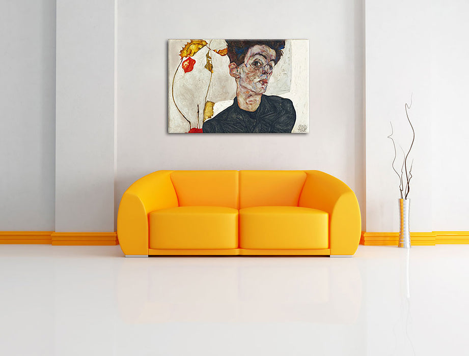 Egon Schiele - Selbstportrait mit Physalis Leinwandbild im Wohnzimmer Rechteckig