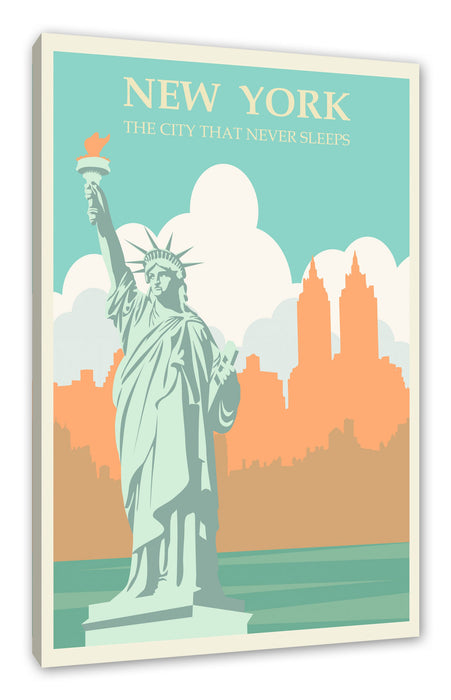 Pixxprint Vintage Poster - New York Never Sleeps, Leinwandbild