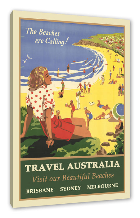 Pixxprint Vintage Poster - Australien Beautiful Beaches, Leinwandbild