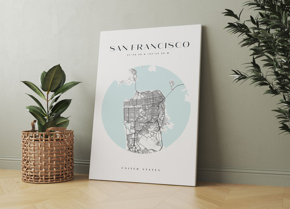Stadtkarte Rund  - San Francisco, Leinwandbild