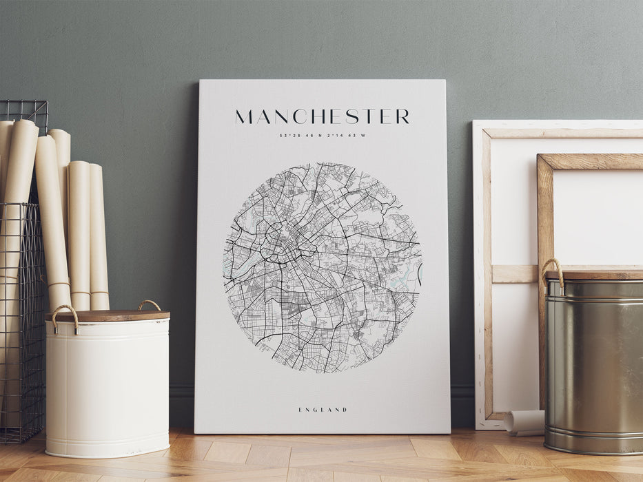 Stadtkarte Rund  - Manchester, Leinwandbild