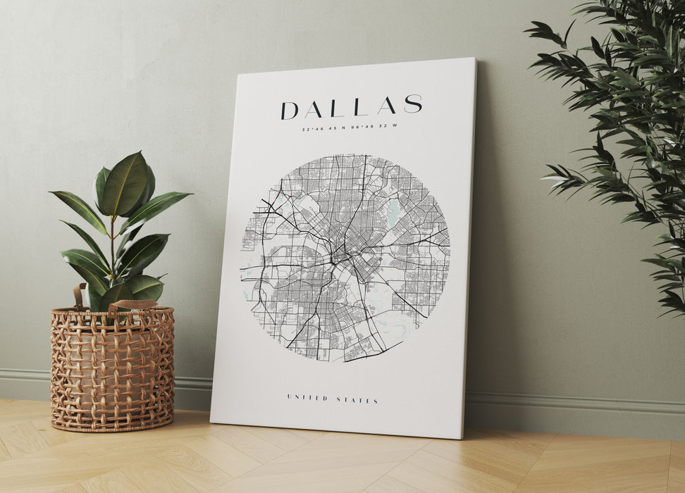 Stadtkarte Rund  - Dallas, Leinwandbild