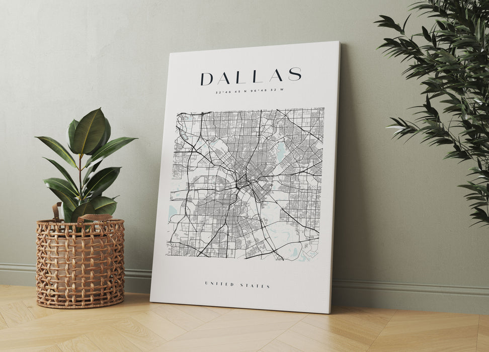 Stadtkarte Eckig  - Dallas, Leinwandbild
