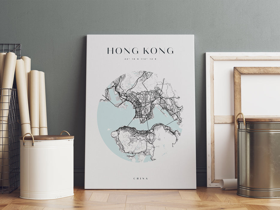 Stadtkarte Rund  - Hong Kong, Leinwandbild