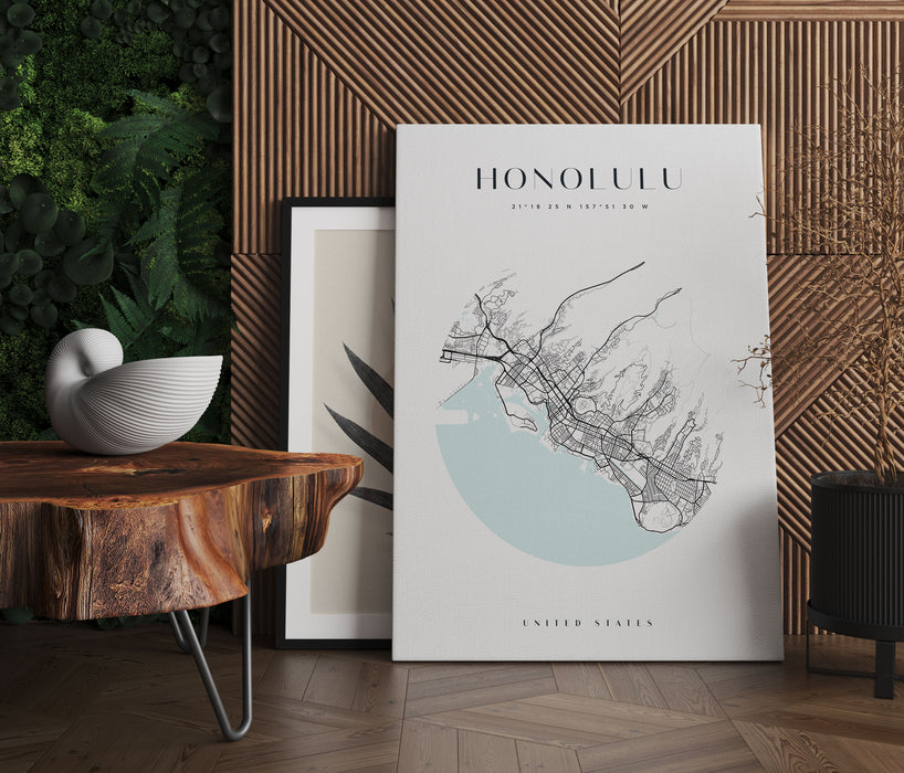 Stadtkarte Rund  - Honululu, Leinwandbild