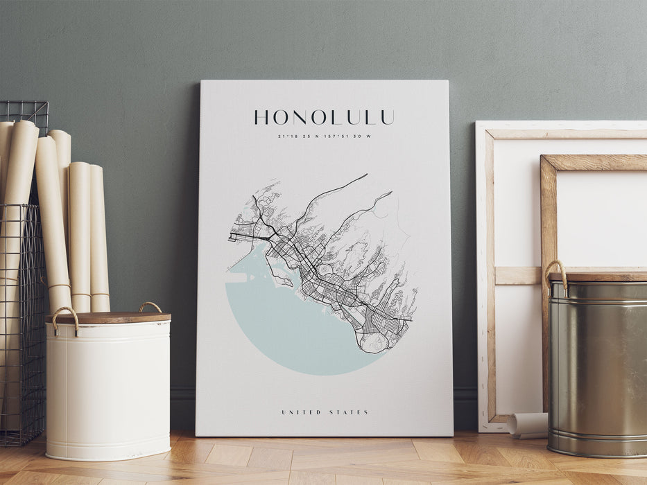 Stadtkarte Rund  - Honululu, Leinwandbild