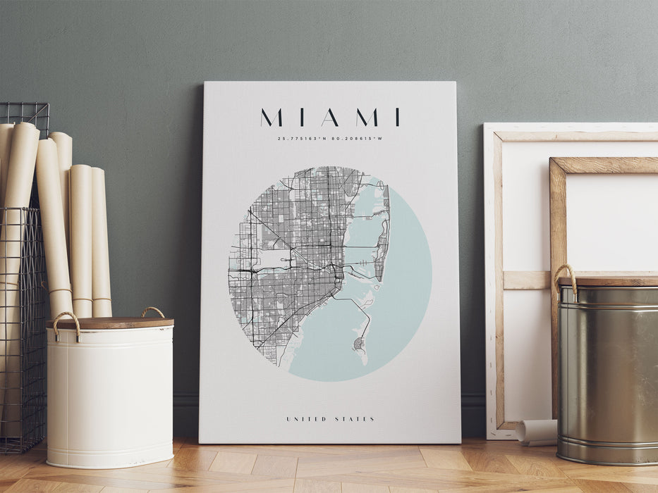 Stadtkarte Rund  - Miami, Leinwandbild