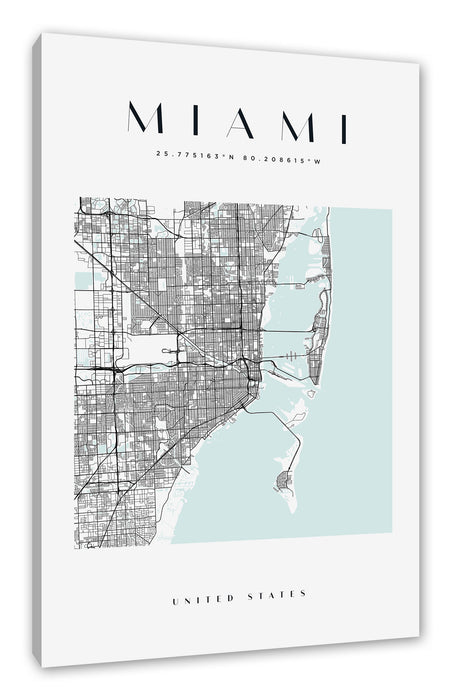 Pixxprint Stadtkarte Eckig - Miami, Leinwandbild