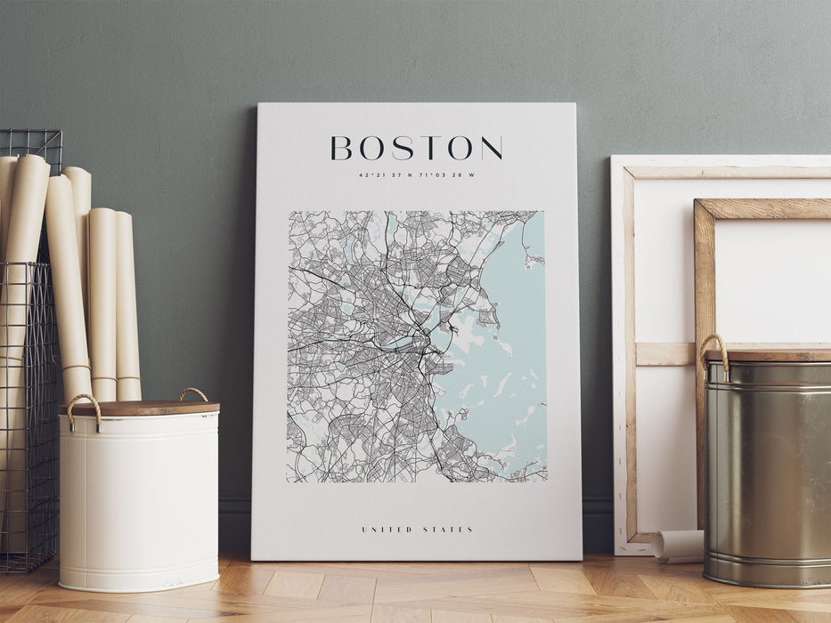 Stadtkarte Eckig  - Boston, Leinwandbild