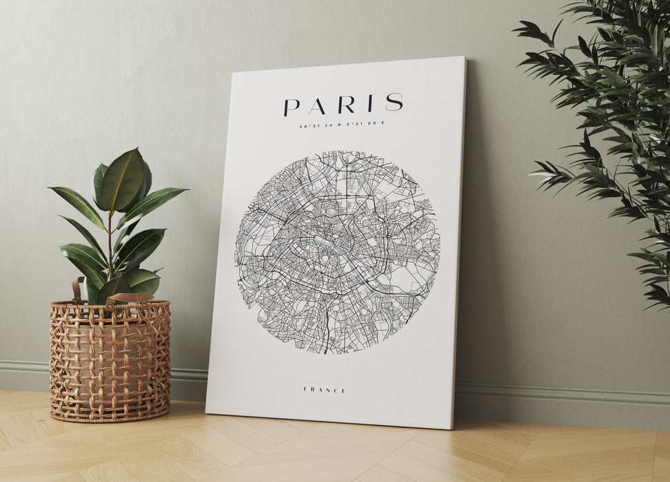 Stadtkarte Rund  - Paris, Leinwandbild