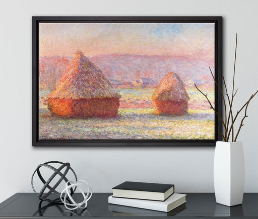Claude Monet - Heuhaufen auf Leinwandbild gerahmt mit Kirschblüten