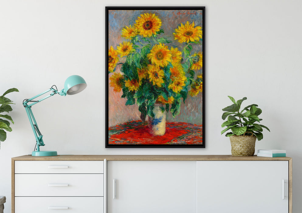 Claude Monet - Ein Strauß Sonnenblumen auf Leinwandbild gerahmt verschiedene Größen im Wohnzimmer