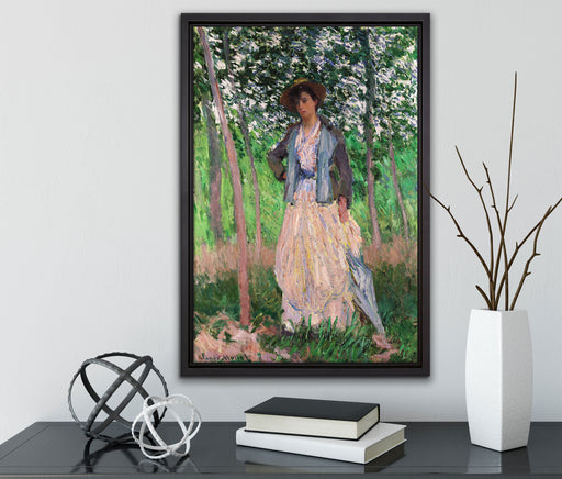 Claude Monet - Die Spaziergängerin Suzanne Hoschedé auf Leinwandbild gerahmt mit Kirschblüten