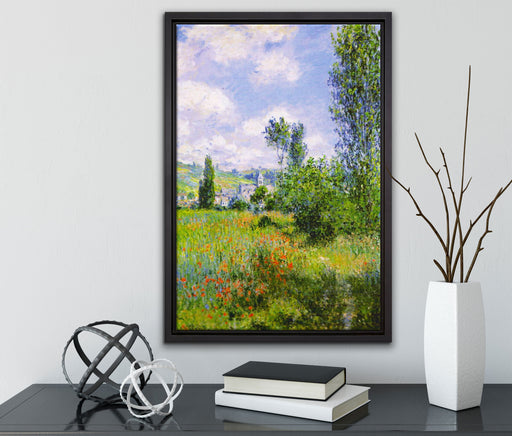 Claude Monet - Aussicht von Vétheuil- Impression auf Leinwandbild gerahmt mit Kirschblüten