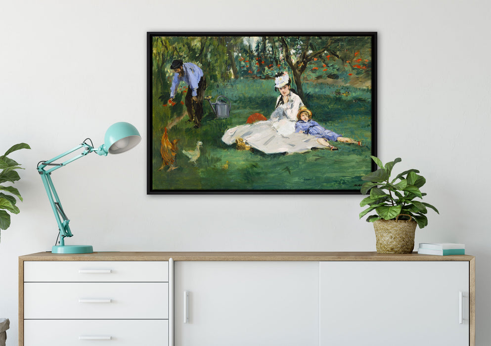 Claude Monet - Die Familie Monet in ihrem Garten auf Leinwandbild gerahmt verschiedene Größen im Wohnzimmer