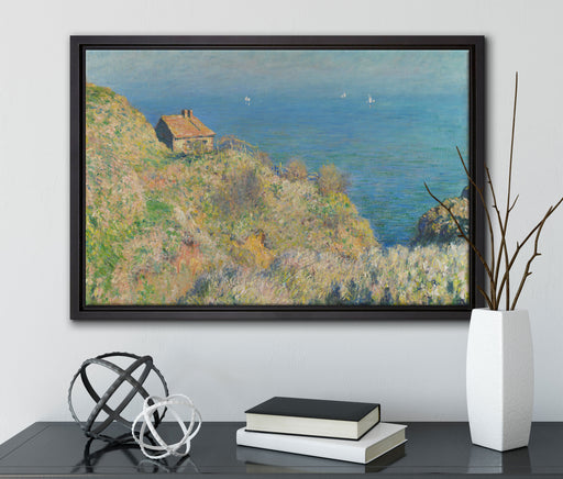 Claude Monet - Die Hütte des Zollwächters auf Leinwandbild gerahmt mit Kirschblüten
