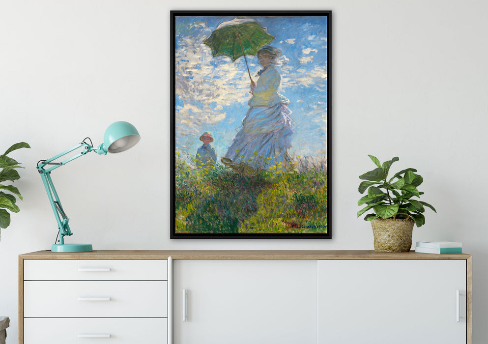 Claude Monet - Frau mit Sonnenschirm auf Leinwandbild gerahmt verschiedene Größen im Wohnzimmer