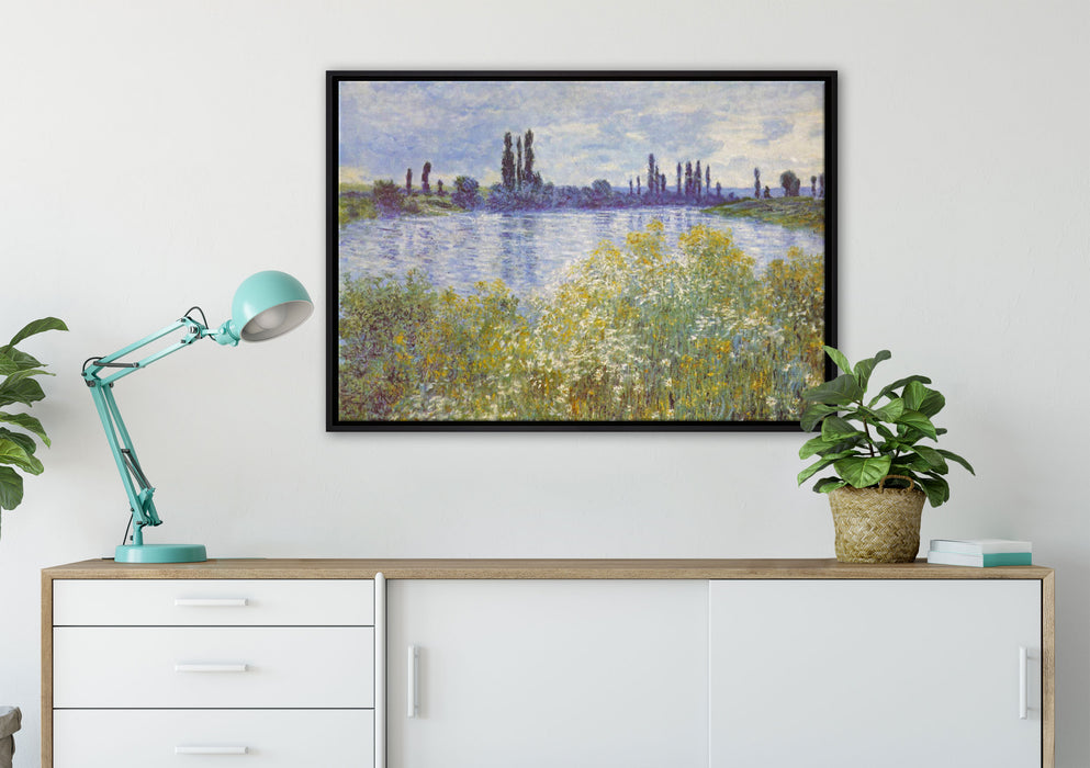 Claude Monet - Seine-Ufer Vétheuil auf Leinwandbild gerahmt verschiedene Größen im Wohnzimmer