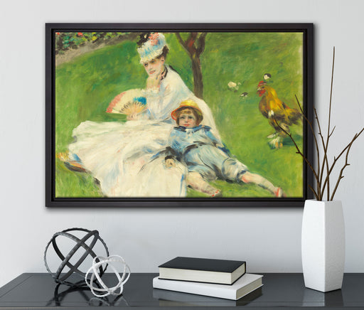 Claude Monet - Madame Monet mit ihrem Sohn auf Leinwandbild gerahmt mit Kirschblüten